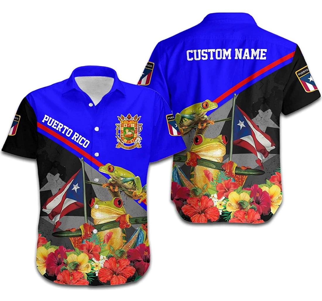 Personalized Puerto Rico Coqui Frog & Hibiscus Custom Name Puerto Ricans Hawaiian Shirt, Button Up Aloha Shirt For Men, Women