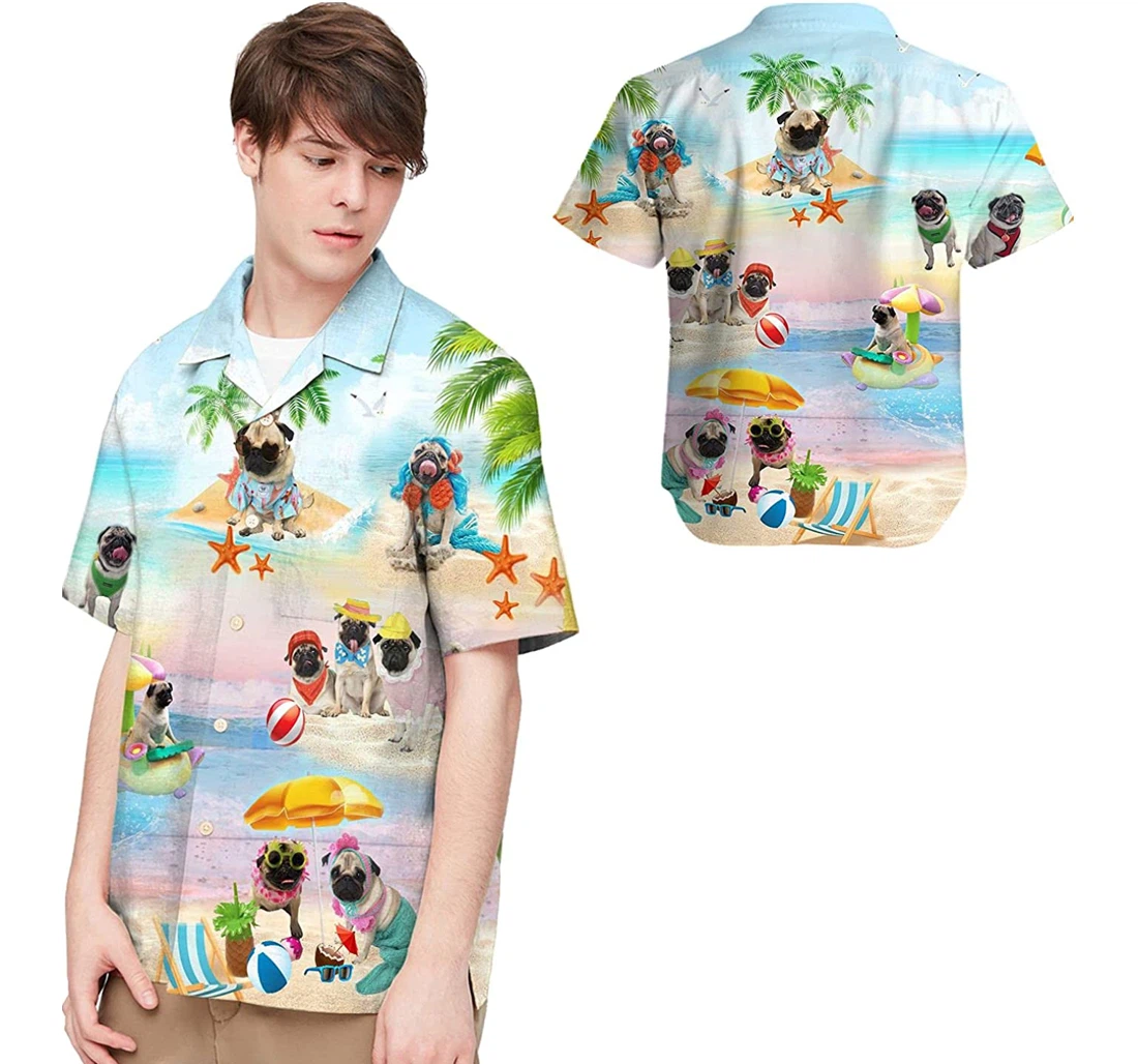 Personalized Cute Pugs At The Beach Dogs Lovers Hawaiian Shirt, Button Up Aloha Shirt For Men, Women