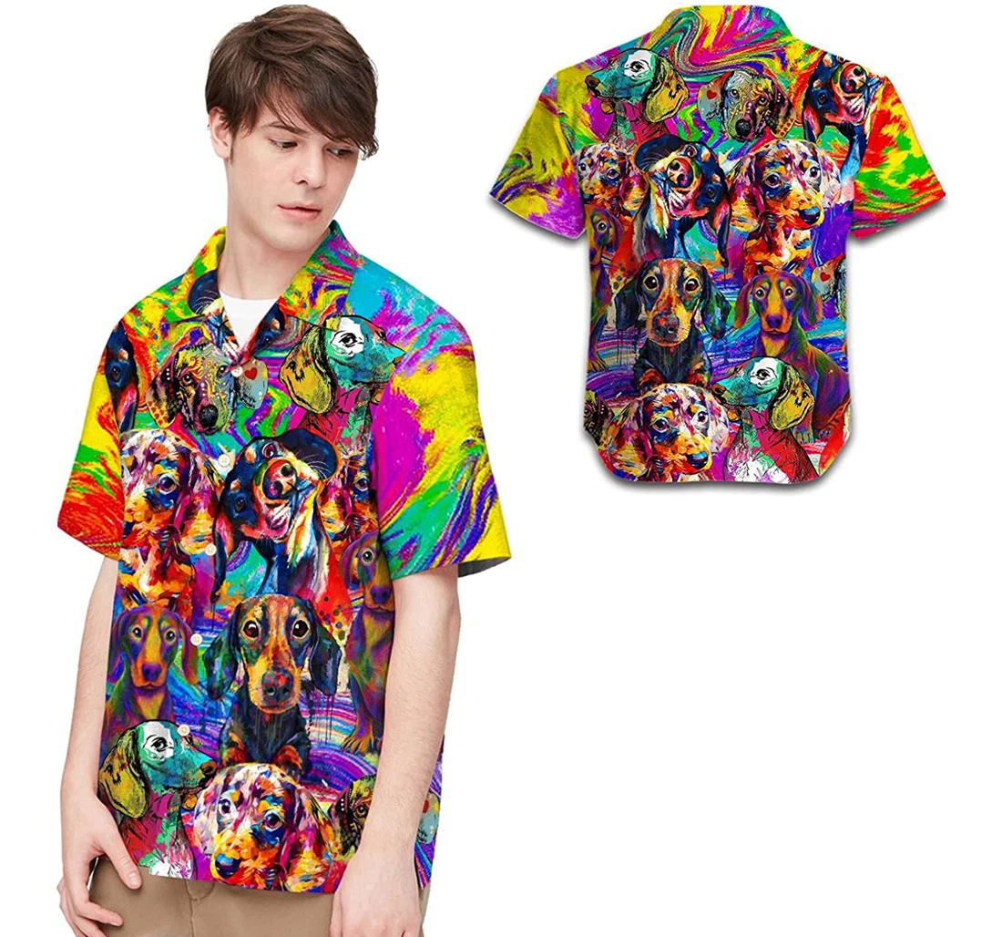 Personalized Dachshund Colorful Oil Painting Hawaiian Shirt, Button Up Aloha Shirt For Men, Women