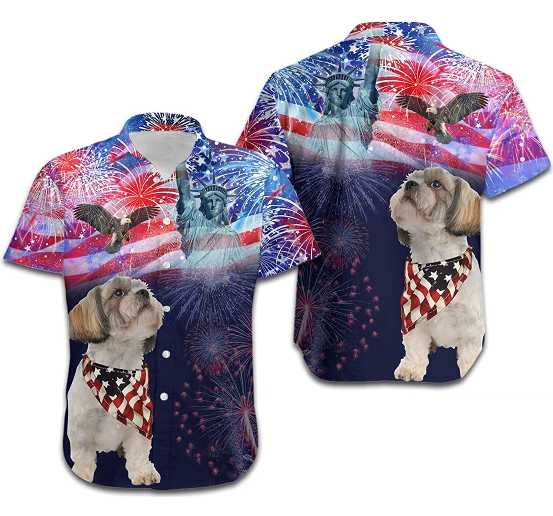 Personalized Shih Tzu Fireworks American Independence Day Hawaiian Shirt, Button Up Aloha Shirt For Men, Women