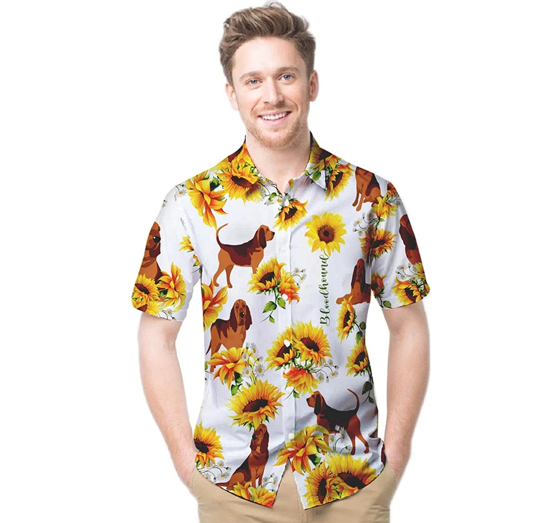 Personalized Bloodhound Sunflowers Custom Name Dog Lovers Hawaiian Shirt, Button Up Aloha Shirt For Men, Women