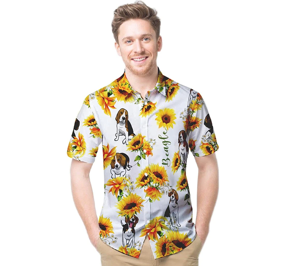 Personalized Beagle Sunflowers Custom Name Dog Lovers Hawaiian Shirt, Button Up Aloha Shirt For Men, Women