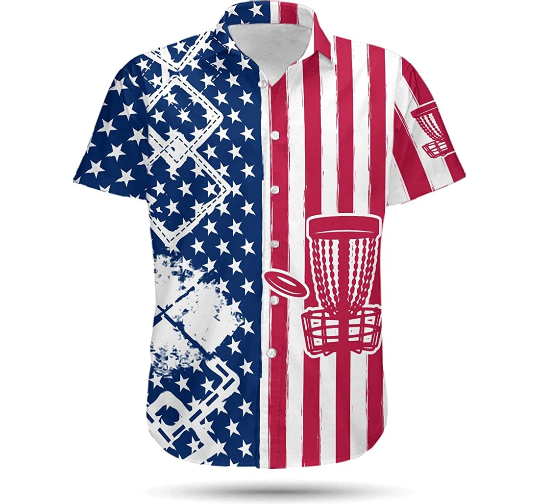 Personalized Disc Golf American Flag Full Disc Golfers Hawaiian Shirt, Button Up Aloha Shirt For Men, Women