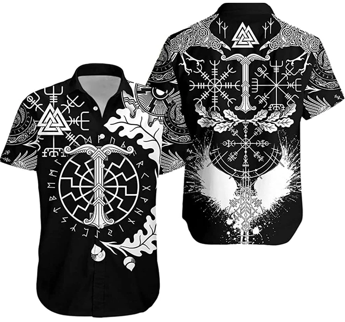 Personalized Viking Oak Leaf Valknut Vegvisir With Irminsul - Black Hawaiian Shirt, Button Up Aloha Shirt For Men, Women