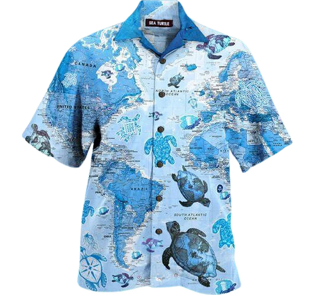 Personalized Turtle Blue Map Soft Beach Full Prints Hawaiian Shirt, Button Up Aloha Shirt For Men, Women