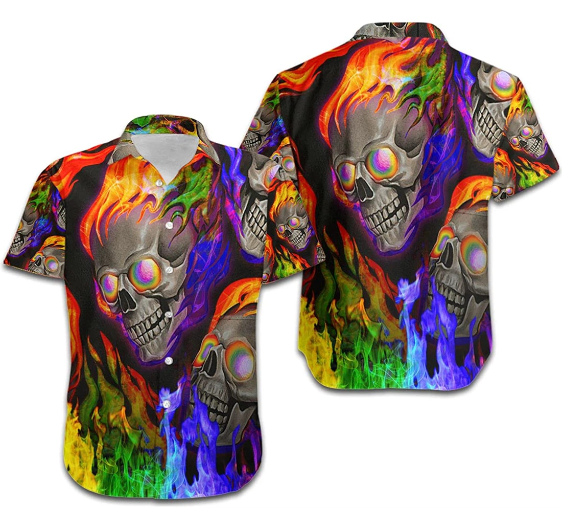 Personalized Lgbt Rainbow Flame Skulls Lgbt Community In Pride Month Hawaiian Shirt, Button Up Aloha Shirt For Men, Women