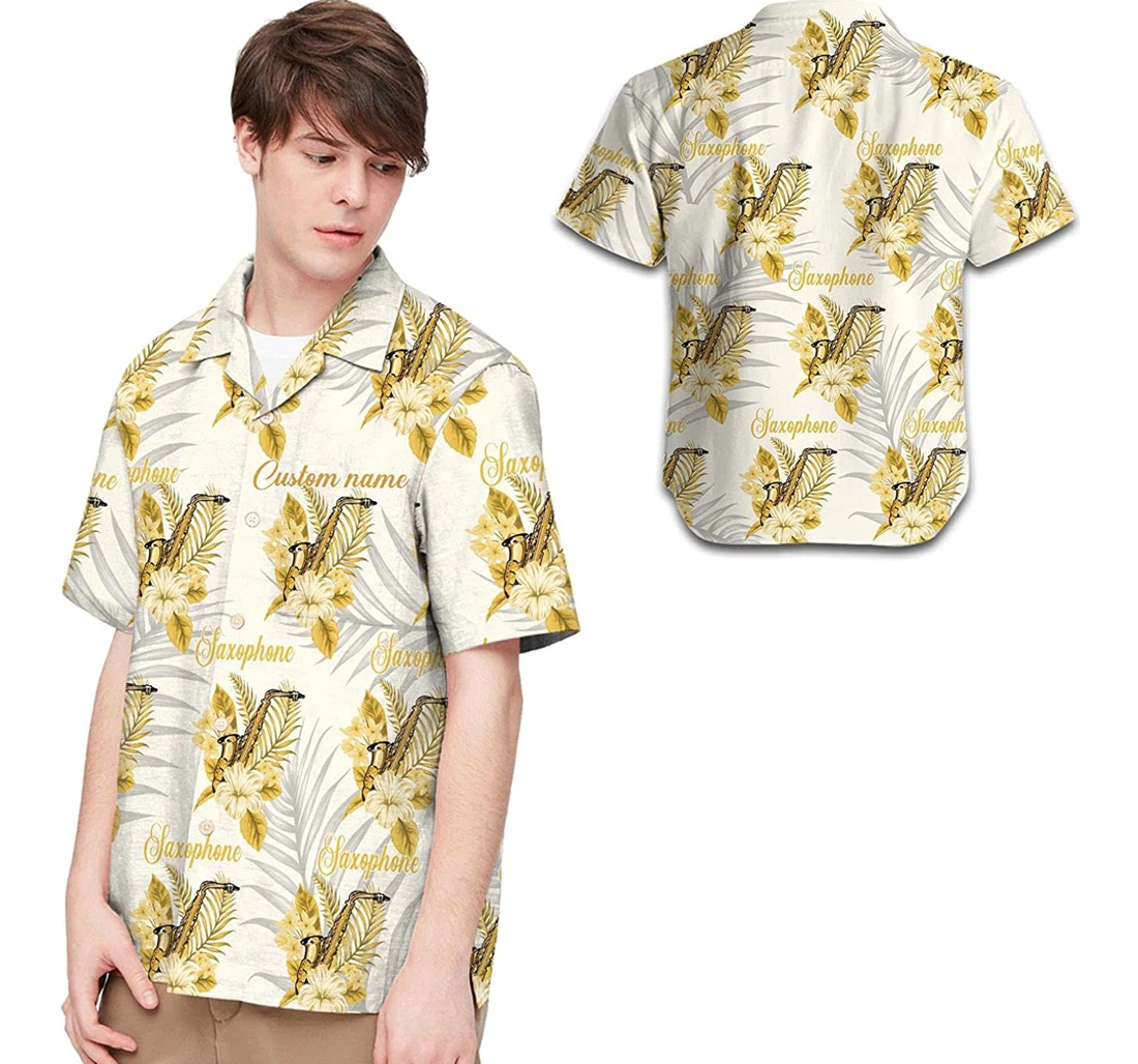 Personalized Custom Name Flower Saxophone Lovers Hawaiian Shirt, Button Up Aloha Shirt For Men, Women