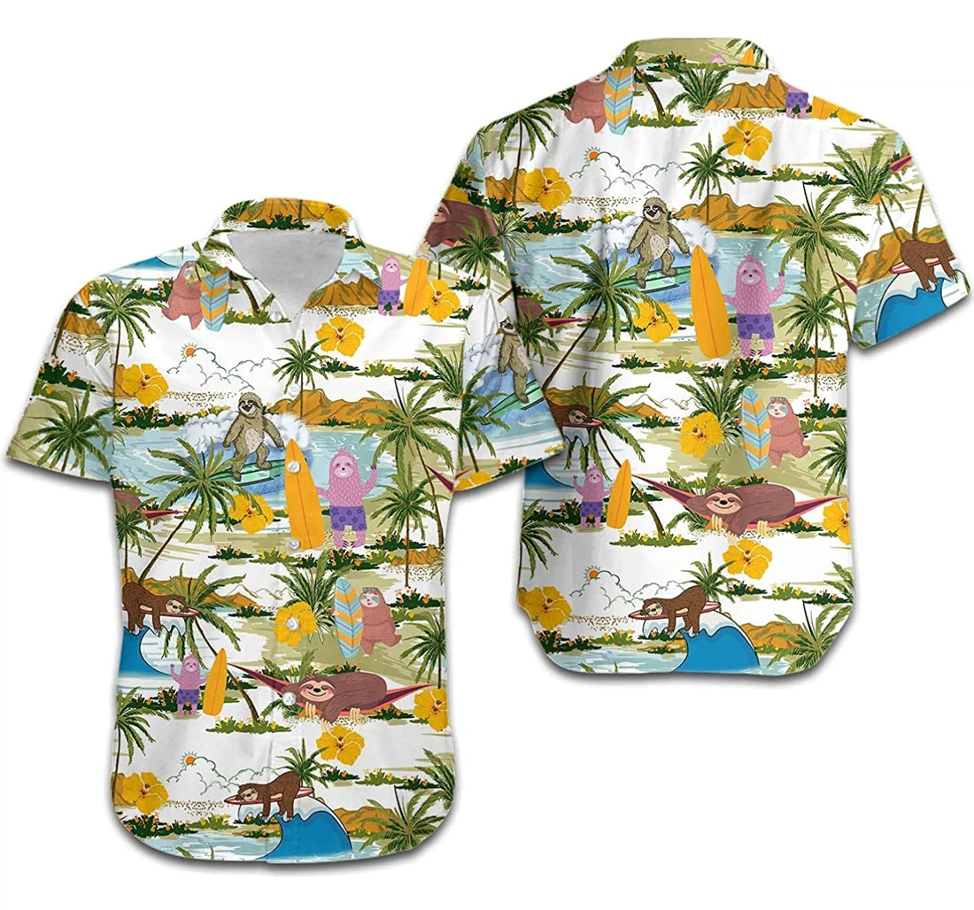 Personalized Sloth Surfing Coconut Tree Sloth Lovers Hawaiian Shirt, Button Up Aloha Shirt For Men, Women