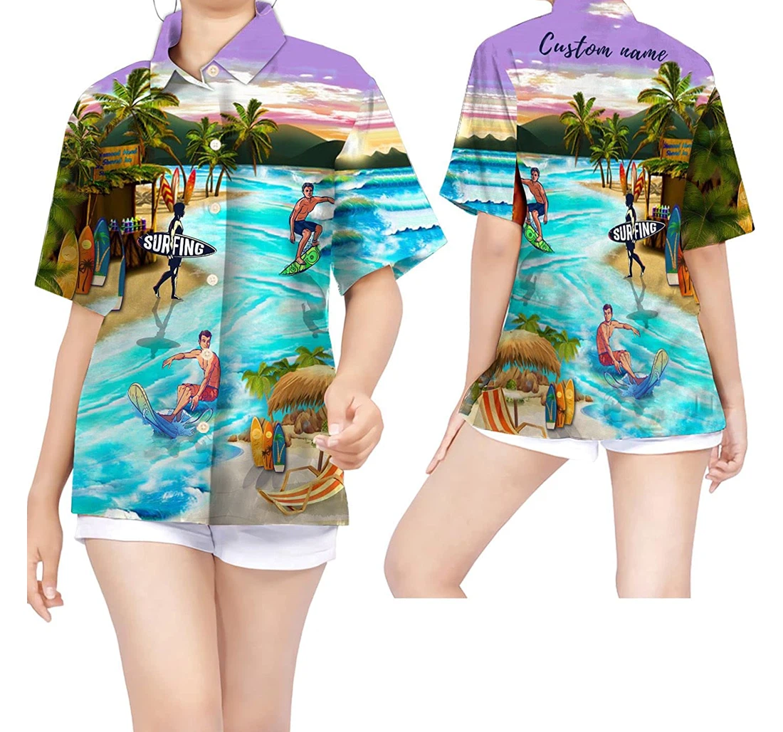 Personalized Beach Surfing Custom Name Sport Lovers Hawaiian Shirt, Button Up Aloha Shirt For Men, Women