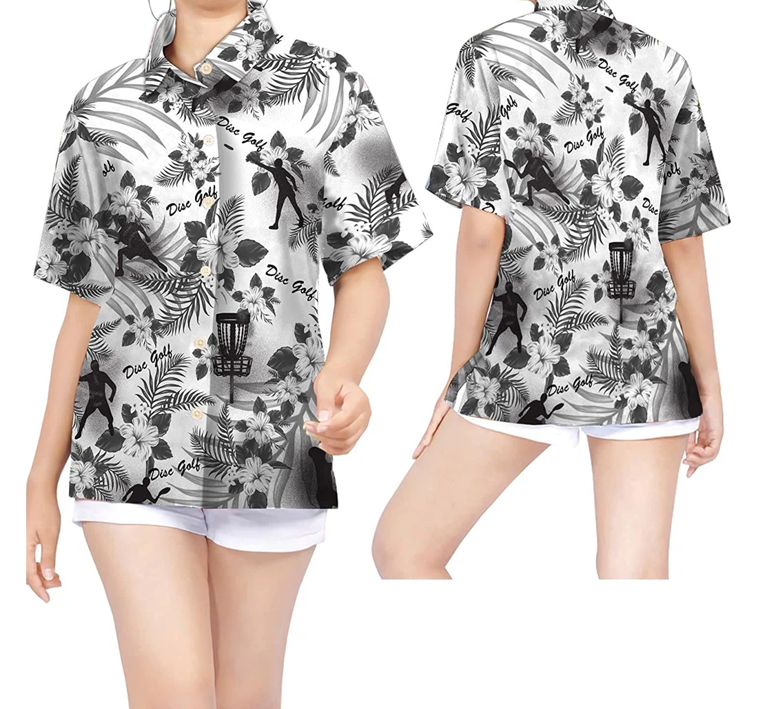 Personalized Disc Golf Black & White Flowers Disc Golfers Hawaiian Shirt, Button Up Aloha Shirt For Men, Women