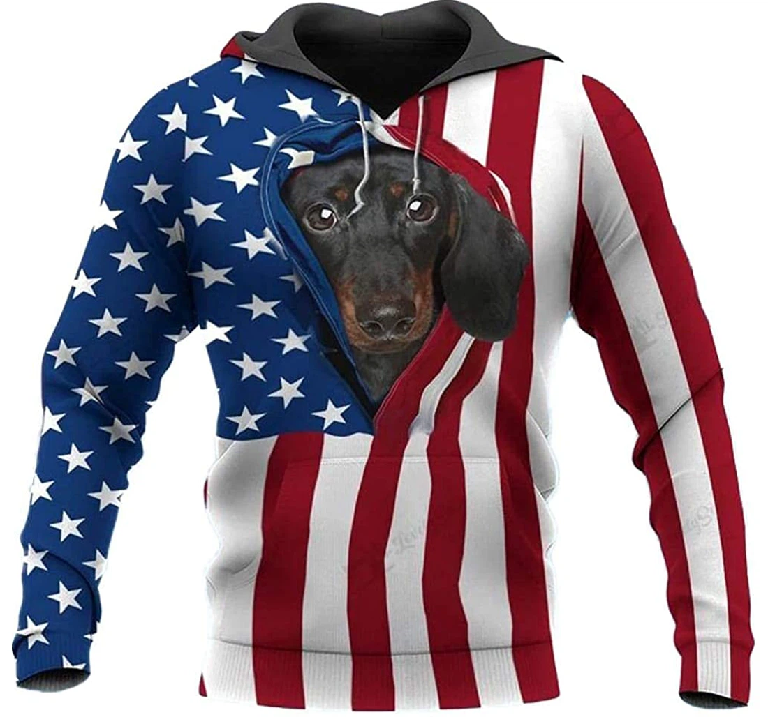 Dachshund Opened Usa Flag Lightweight Premium Sportwear Up - 3D Printed Pullover Hoodie