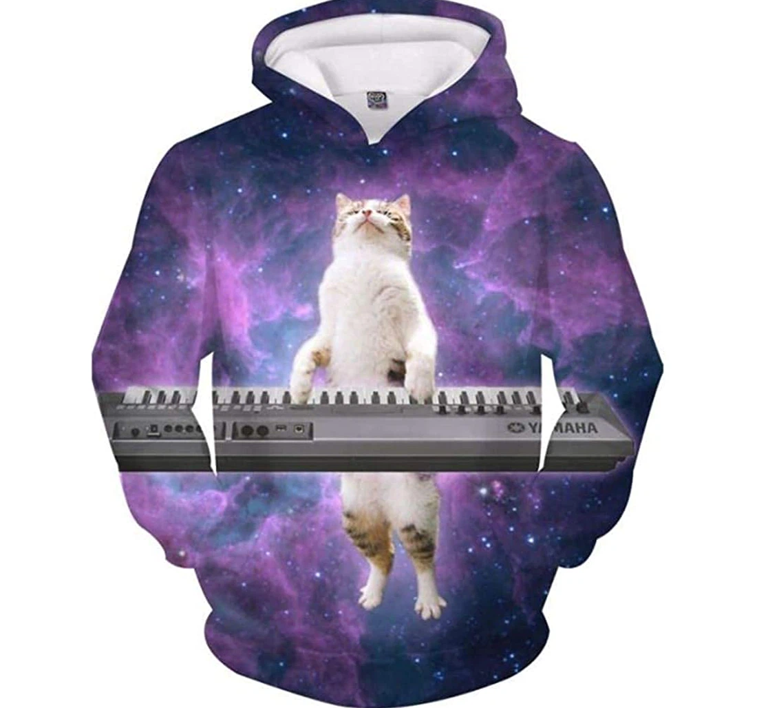 Space Piano Cat Lightweight Premium Sportwear Up - 3D Printed Pullover Hoodie