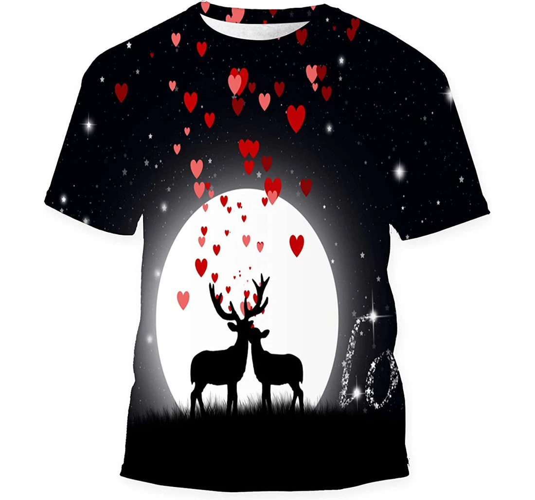 Pair Reindeer Against Background Moon Night Gift Birthday Holiday - 3D Printed T-shirt