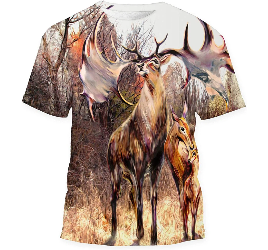 Family Beautiful Reindeer On Background Trees Gift Birthday Holiday - 3D Printed T-shirt