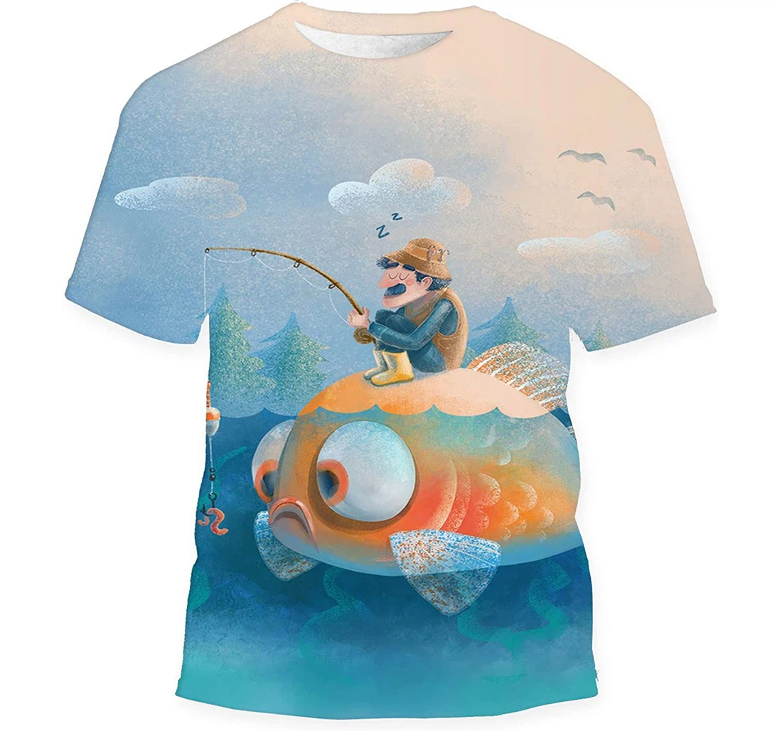 Drawing Picture Fisherman Fish On Lake Gift Birthday Holiday - 3D Printed T-shirt