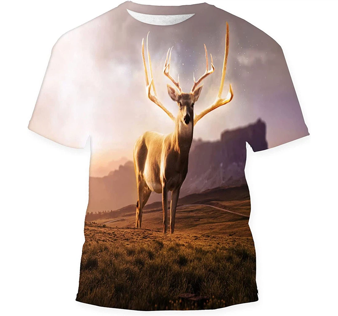 Glowing Fantasy Big Deer Field Mountains Gift Birthday Holiday - 3D Printed T-shirt