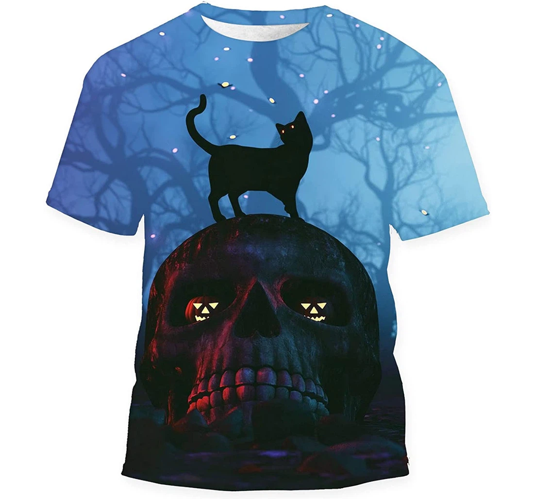 Cat Sitting On Skull Halloween Gift Holiday - 3D Printed T-shirt