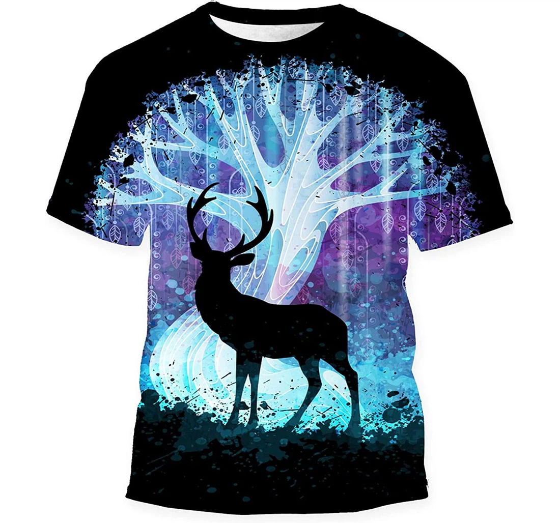 Deer Silhouette Front Magic Surreal Tree Gift Birthday Holiday - 3D Printed T-shirt