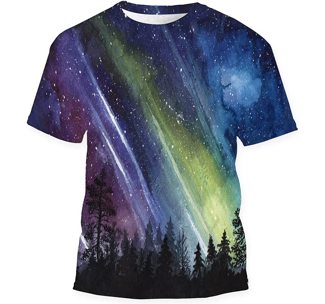 Night Starry Sky Aurora Forest Silhouette Gift Birthday Holiday - 3D Printed T-shirt