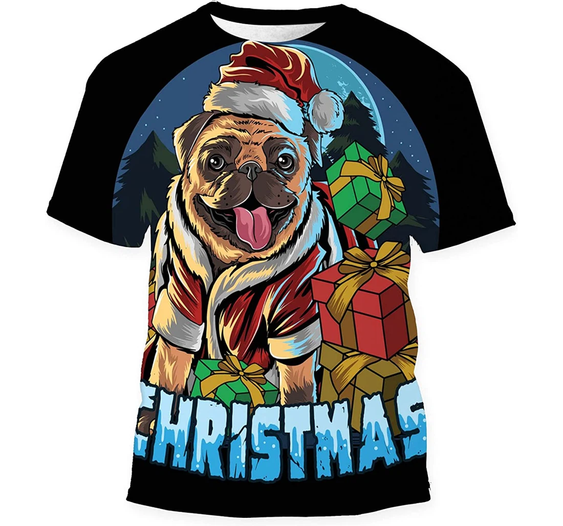 Pug Dog Wearing Santa Claus Hat Gift Birthday Holiday - 3D Printed T-shirt