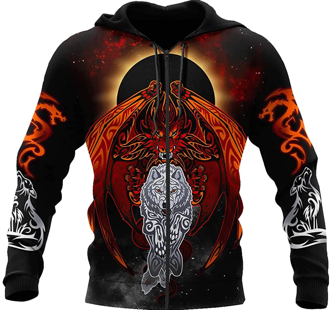 Dragon And Wolf Lightweight Sportwear Up - 3D Printed Pullover Hoodie