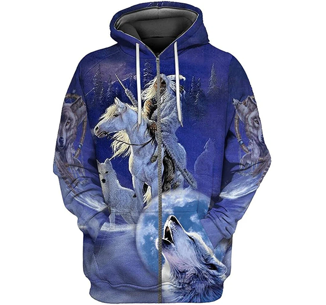 Wolf Native American Lightweight Sportwear Up - 3D Printed Pullover Hoodie