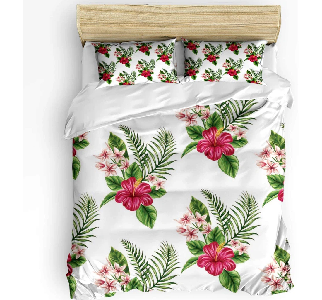 Bedding Set - Blooming Flowers Leaves Cozy White Backdrop Included 1 Ultra Soft Duvet Cover or Quilt and 2 Lightweight Breathe Pillowcases