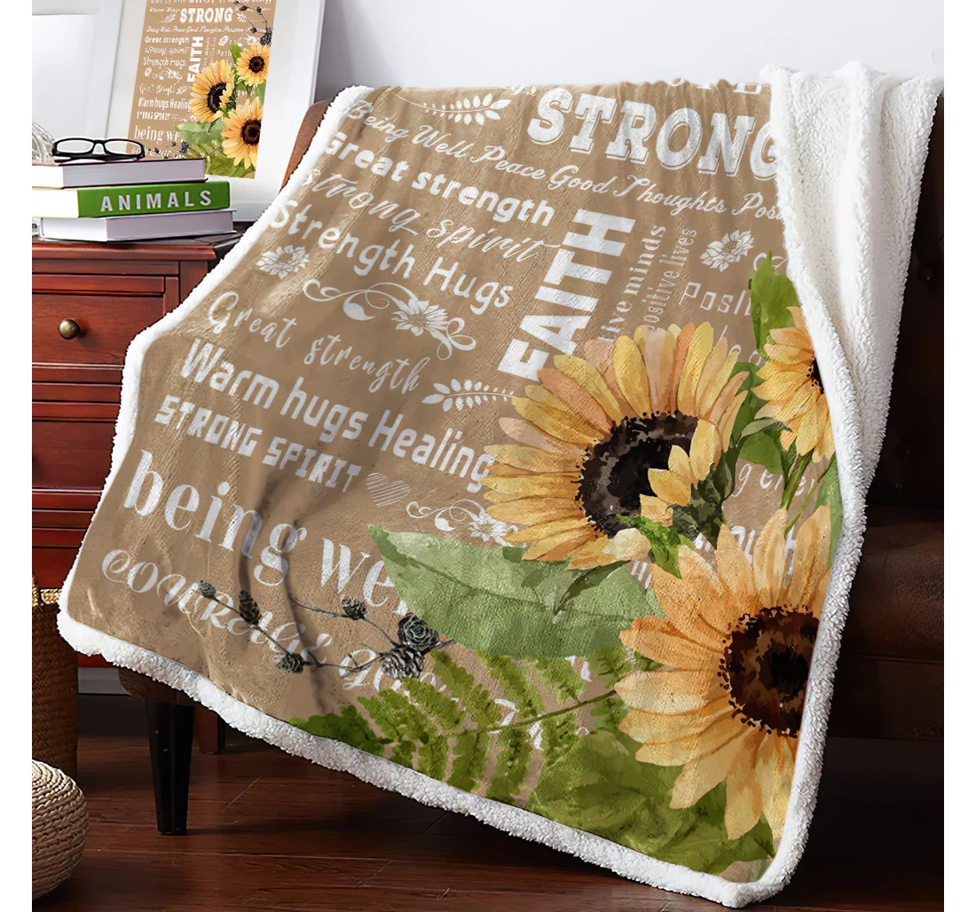 Throw Blanket, Quilt - Farm Sunflower Quotes Thick Reversible Pastoral Plant Branch Painting Sherpa Fleece