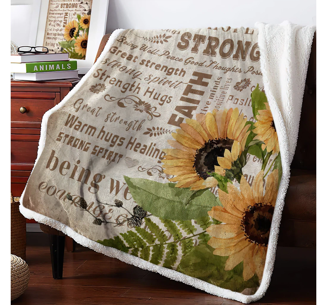 Throw Blanket, Quilt - Farm Plant Sunflower Quotes Thick Reversible Leaf Vintage Texture Sherpa Fleece