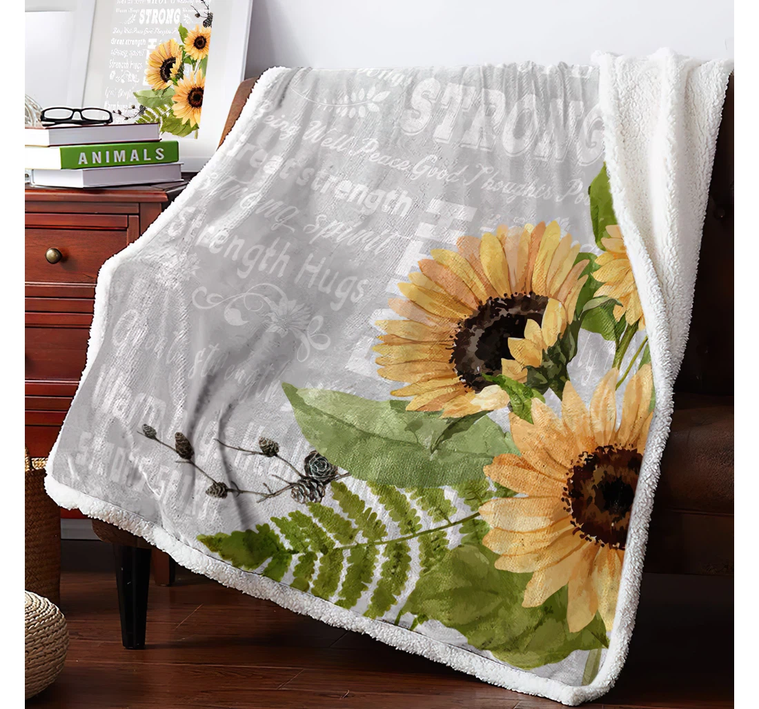 Throw Blanket, Quilt - Countryside Sunflower Flower Quotes Thick Reversible Farm Plant Gray Sherpa Fleece