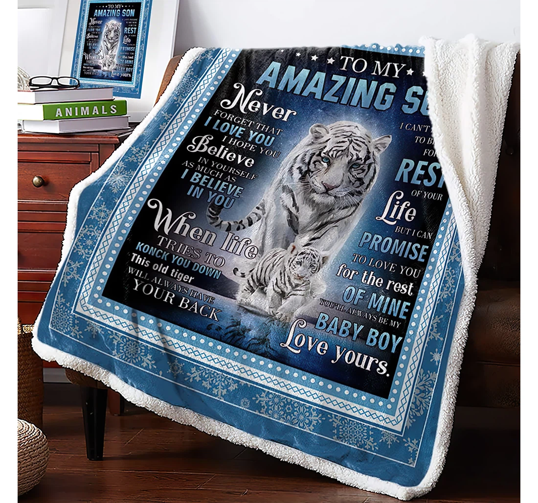 Throw Blanket, Quilt - Wildlife Animals Tiger Father And Kid Quotes Thick Reversible Blue Sherpa Fleece