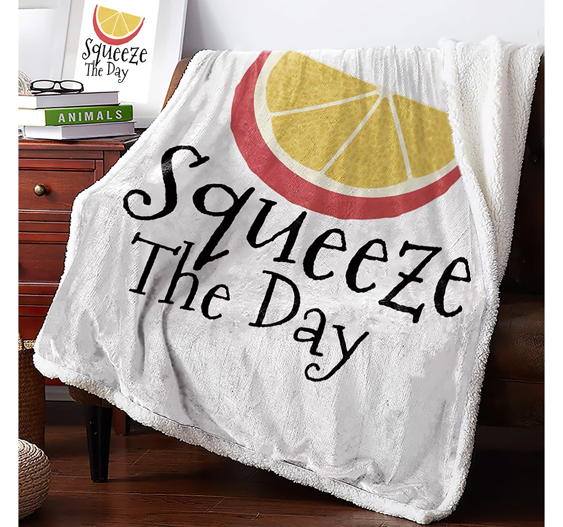 Throw Blanket, Quilt - Watercolor Cartoon Fruits Lemons Thick Reversible Summer Quotes Sherpa Fleece