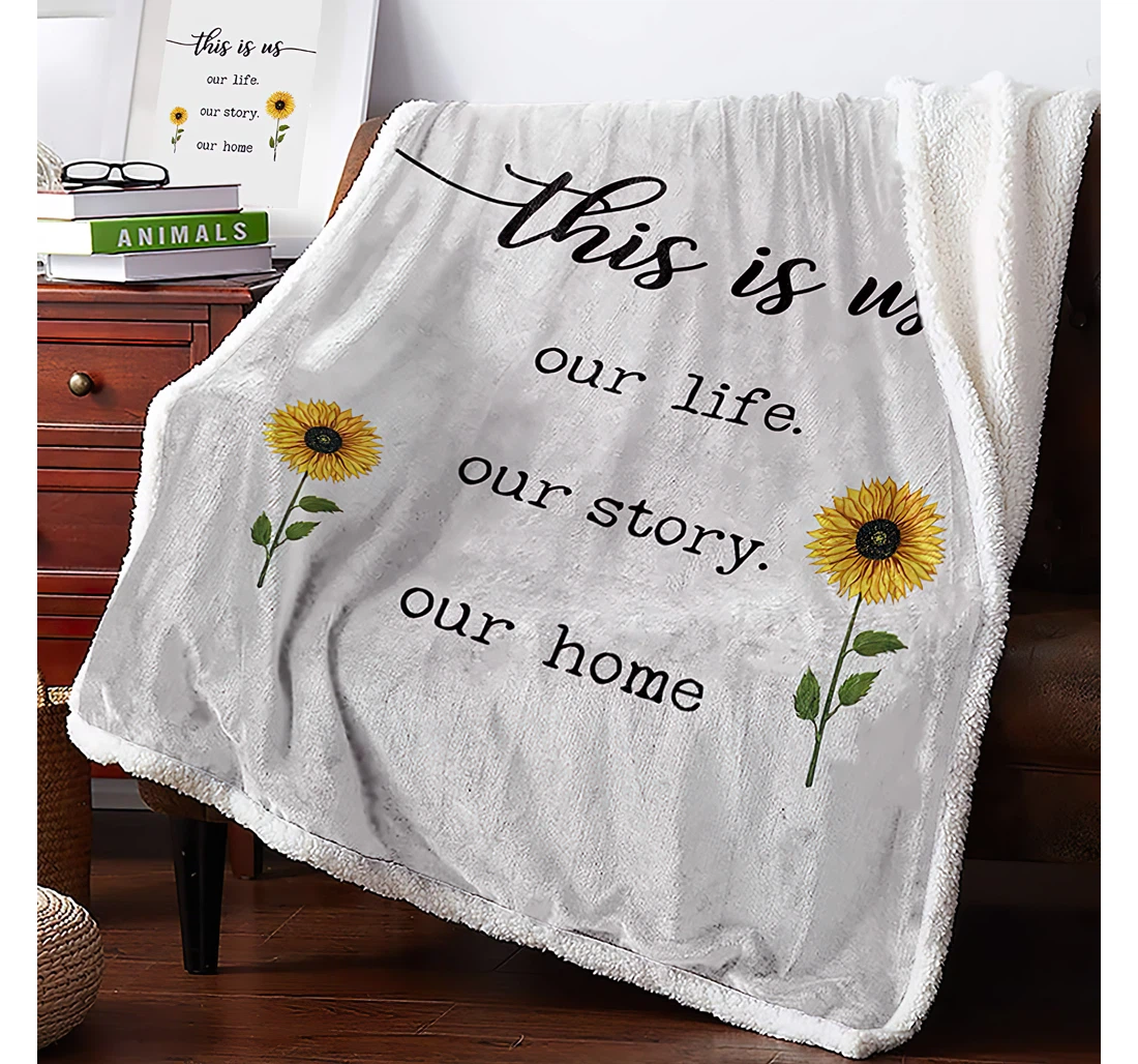 Throw Blanket, Quilt - Sunflowers With Quotes Thick Reversible Farm Blooming Flower Sherpa Fleece