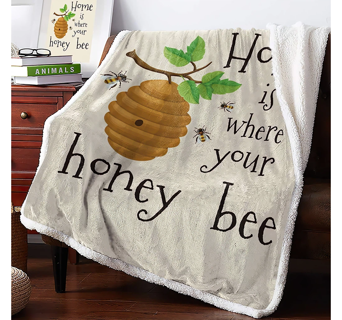 Throw Blanket, Quilt - Farm Spring Animals Bee With Honeycomb Thick Reversible Quotes Sherpa Fleece