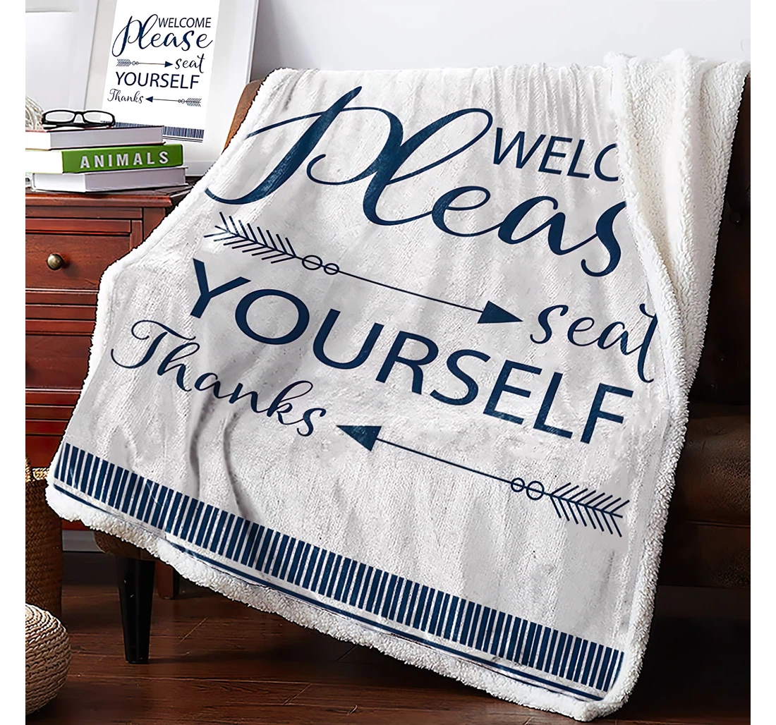 Throw Blanket, Quilt - Funny Bathroom Quotes With Arrow Thick Reversible Stripes Border Sherpa Fleece