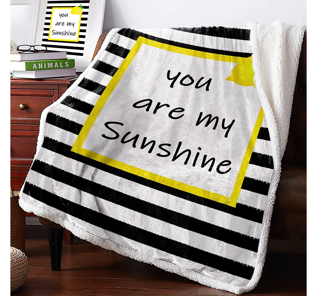 Throw Blanket, Quilt - Summer Fresh Lemons With Quotes Thick Reversible Black White Striped Sherpa Fleece