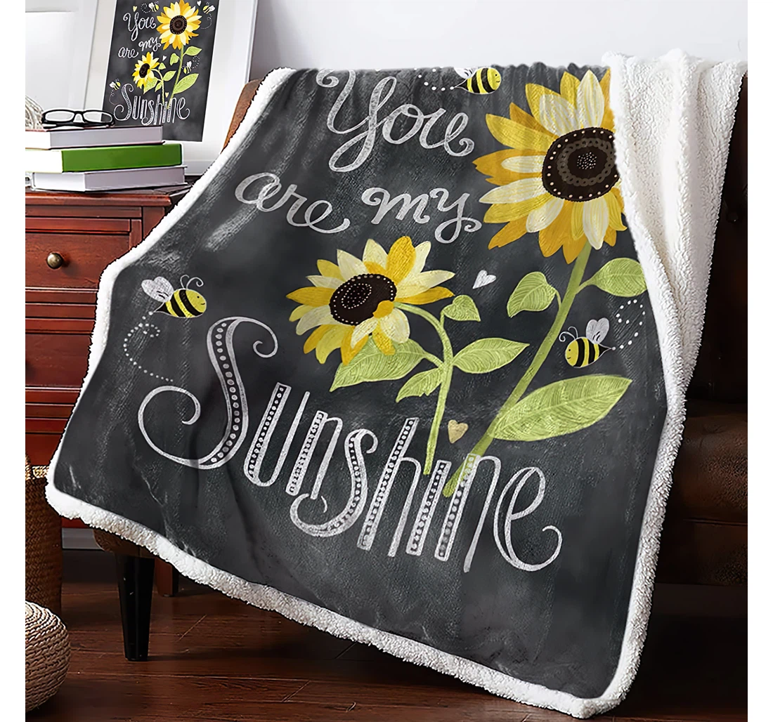 Throw Blanket, Quilt - Rustic Sunflowers On Retro Gray Reversible Motivational Quotes With Bees Travel Office Sherpa Fleece