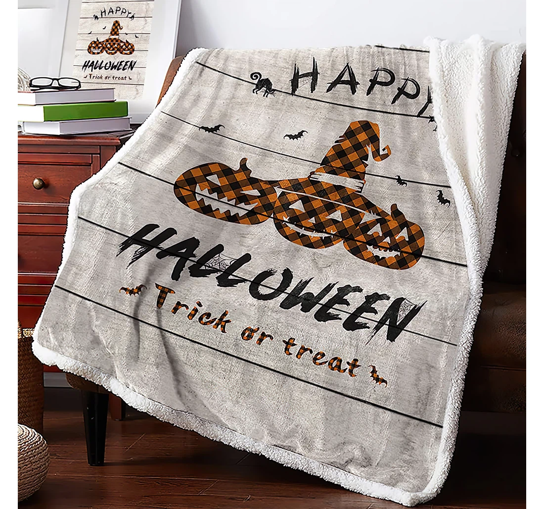 Throw Blanket, Quilt - Happy Halloween Quotes On Wooden Reversible Orange Black Plaid Pumpkins With Witch Hat Office Sherpa Fleece