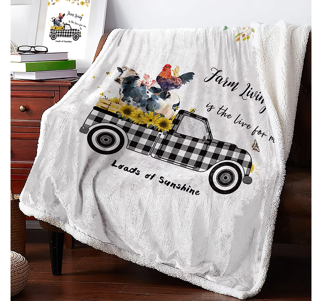 Throw Blanket, Quilt - Farm Quote And Cow Rooster Pig Sunflower On White Reversible Buffalo Check Truck Office Sherpa Fleece