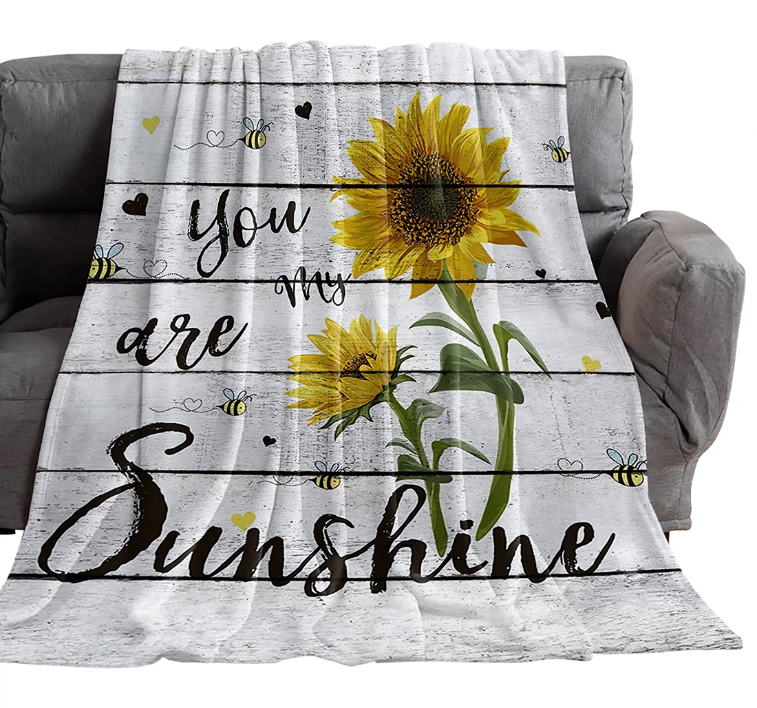 Throw Blanket, Quilt - Sunflower Bee Sunshine Quote Vintage Wood Board Sherpa Fleece