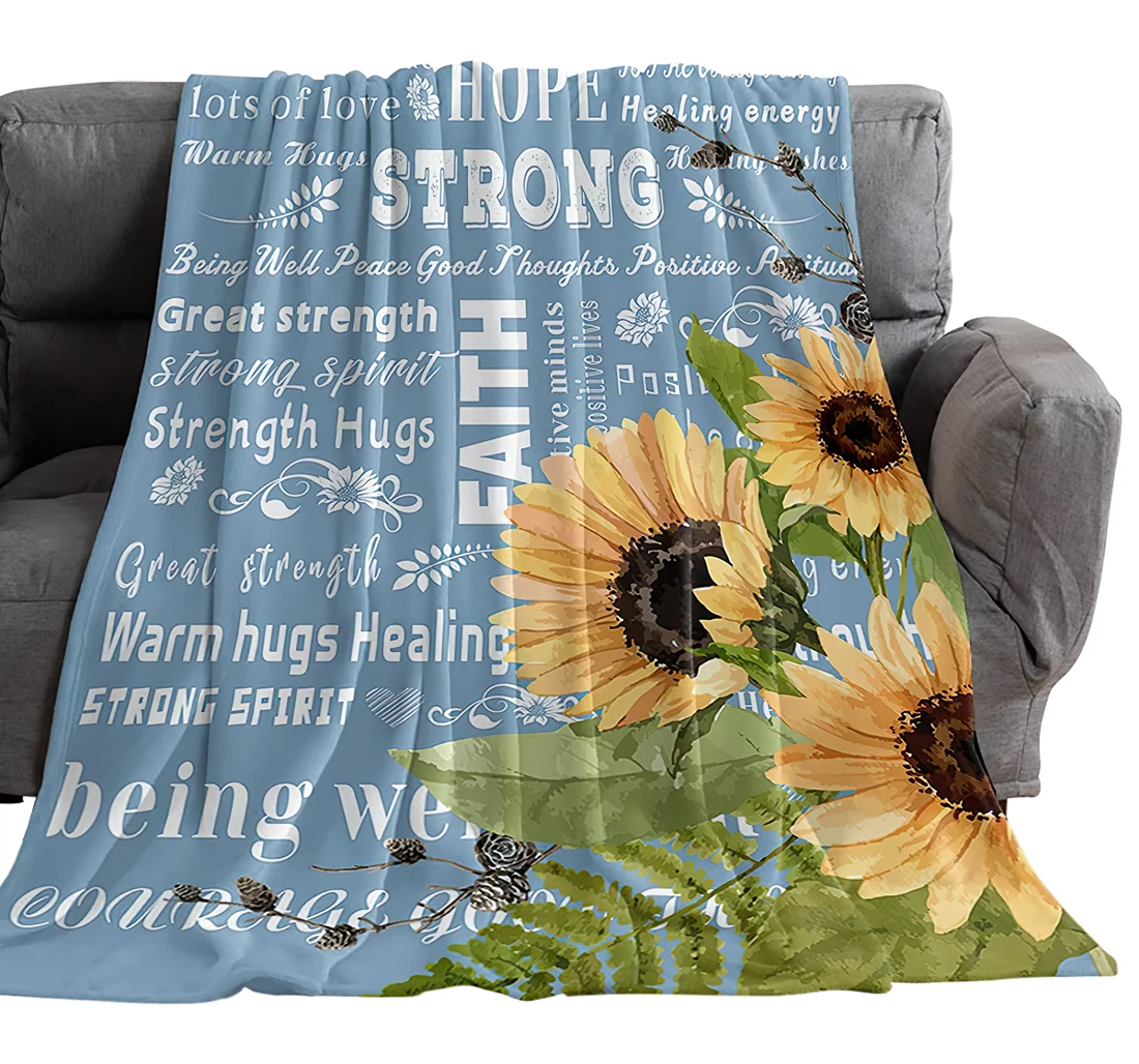 Throw Blanket, Quilt - Watercolor Sunflowers Hope Positive Energy Quote On Blue Sherpa Fleece