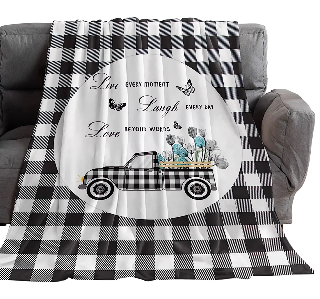 Throw Blanket, Quilt - Tulip Flower Truck Butterfly Positive Energy Quote Buffalo Black White Check Sherpa Fleece