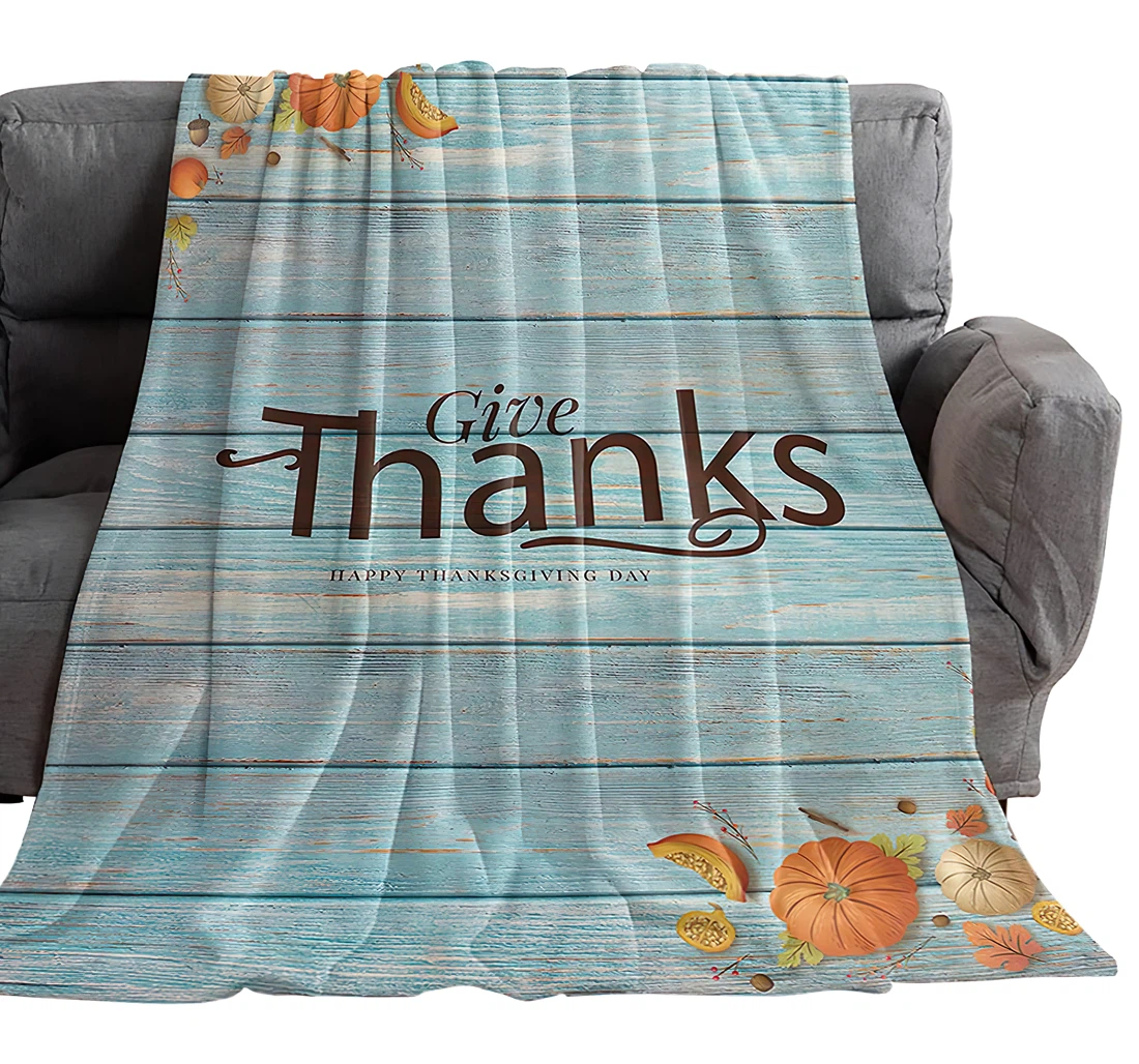 Throw Blanket, Quilt - Watercolor Pumpkin On Blue Thahnks Quote Sherpa Fleece