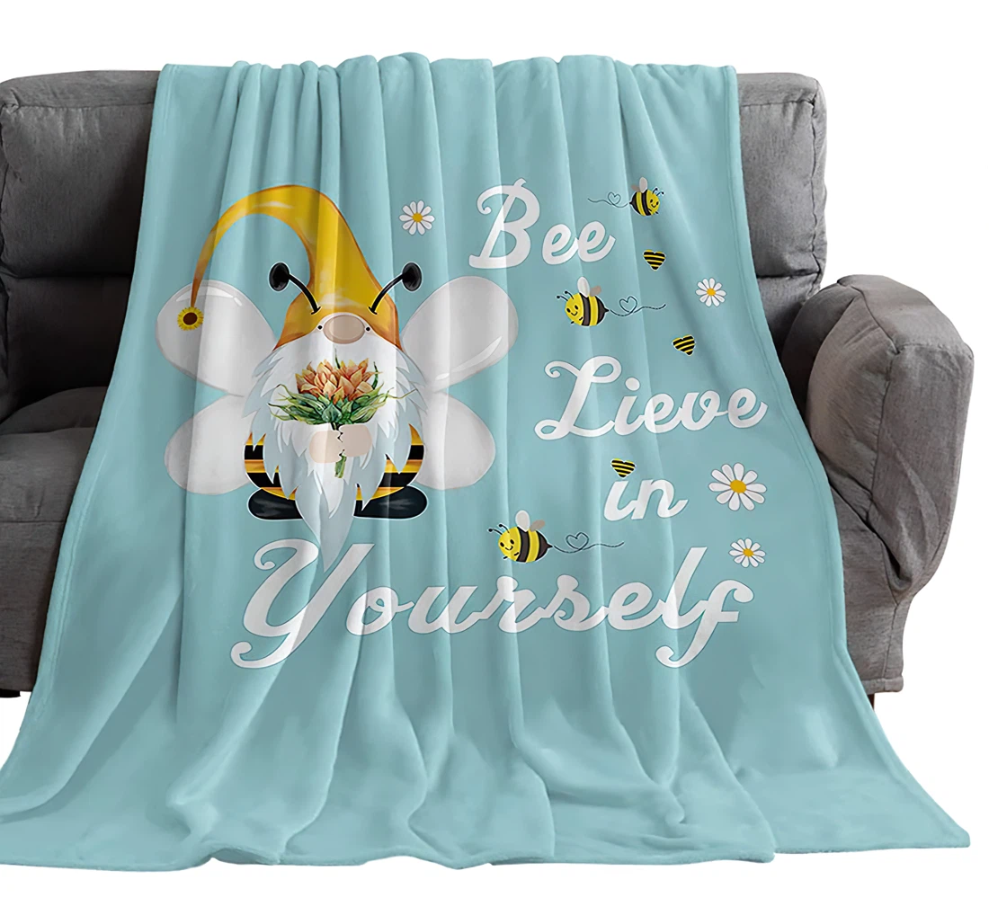 Throw Blanket, Quilt - Decorative Dwarf Bee With Sunflower Daisy Flowers Bedroom Inspirational Quotes Teal Green Sherpa Fleece