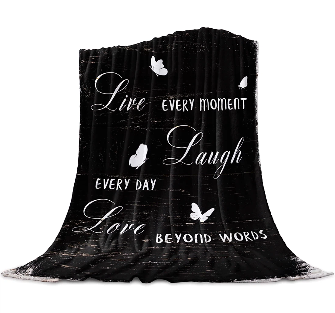 Throw Blanket, Quilt - Butterfly Positive Energy Quote Black Sherpa Fleece