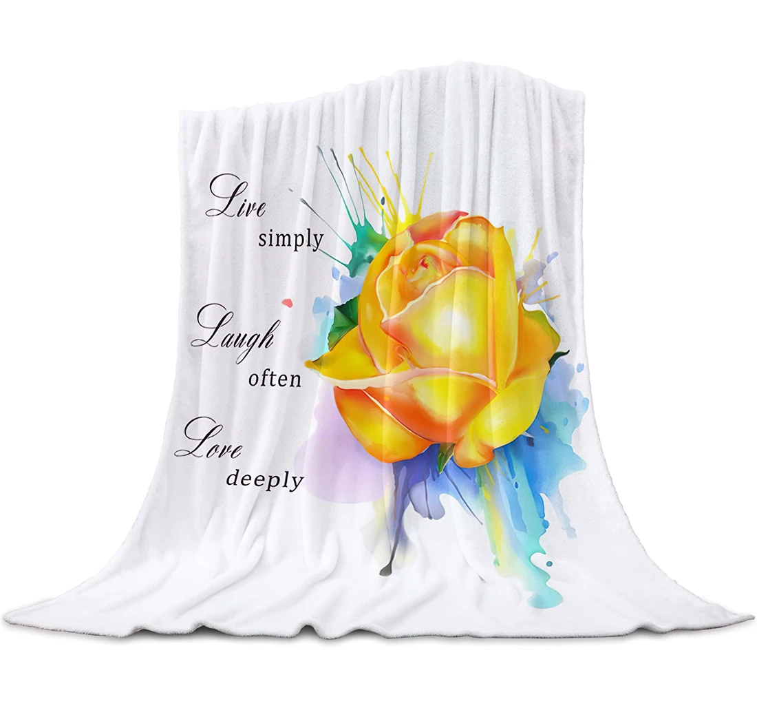 Throw Blanket, Quilt - Rose Watercolor Style Healing Quote Live Simply Sherpa Fleece