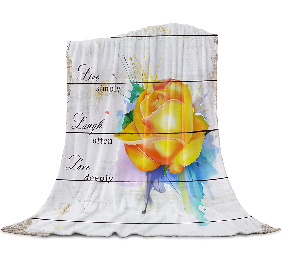 Throw Blanket, Quilt - Rose Watercolor Style Healing Quote LIVE SIMPLY Sherpa Fleece