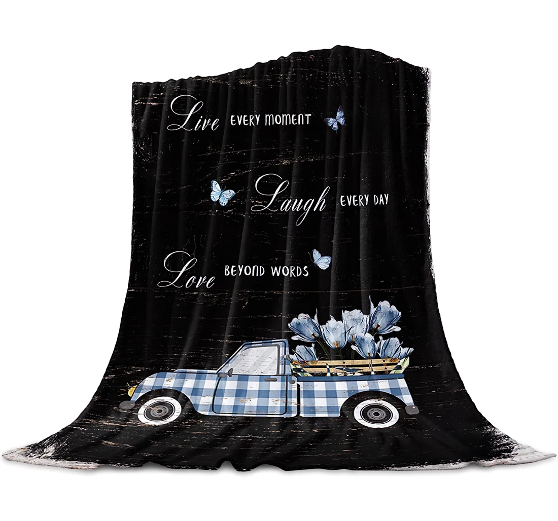 Throw Blanket, Quilt - Blue Plaid Truck With Farm Tulips Inspirational Quote Black Sherpa Fleece