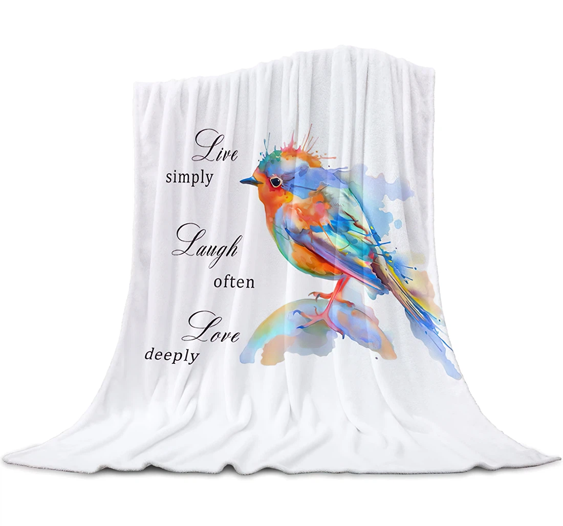 Throw Blanket, Quilt - Bird Watercolor Style Healing Quote Live Simply Sherpa Fleece