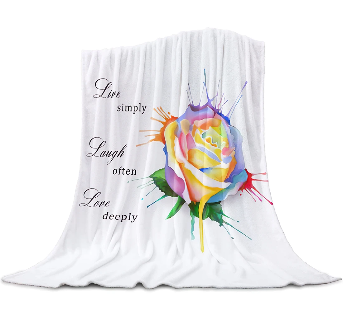 Throw Blanket, Quilt - Rose Watercolor Style Healing Quote Live Simply Sherpa Fleece